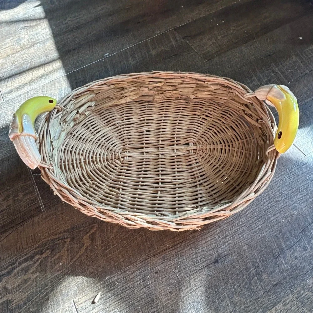 Vintage Wicker Fruit Basket with Ceramic Peeled Banana Handles Oval Tray
